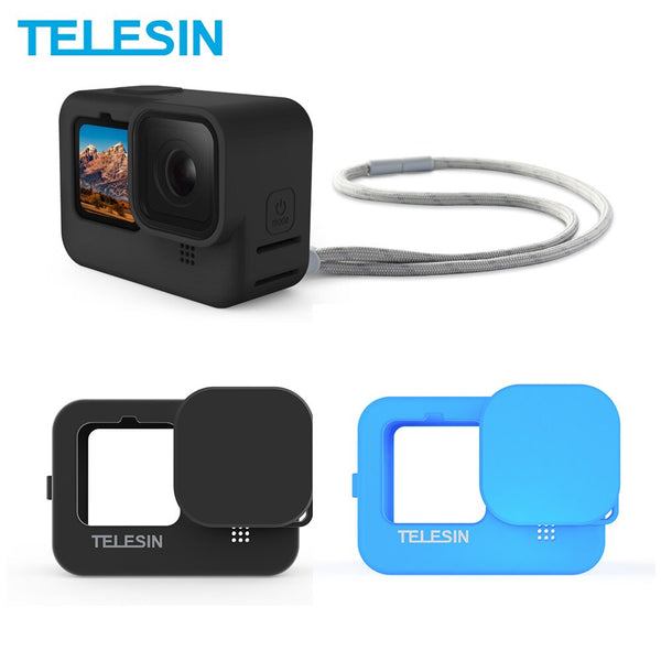 TELESIN Soft Silicone Case For GoPro 9 Lens Cap Blue Black Adjustable Handle Wrist Strap For GoPro Hero 9 Black Accessories