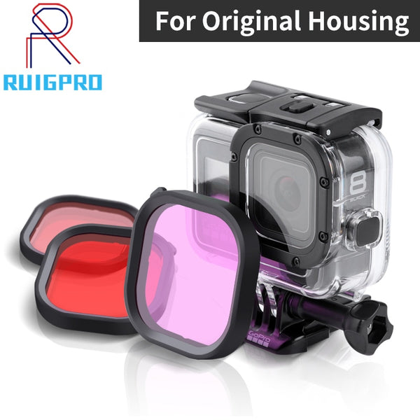 3-Pack Filters Kit Red Magenta Snorkel Lens Red Color Filter for GoPro HERO 8 Black Super Suit original Housing Case Accessories