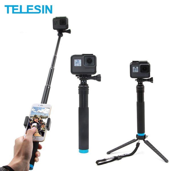 TELESIN 6 in 1 Extendable Aluminum Alloy Selfie Stick + Detachable Tripod Mount Phone Holder for GoPro SJCAM Xiaomi Yi Cameras